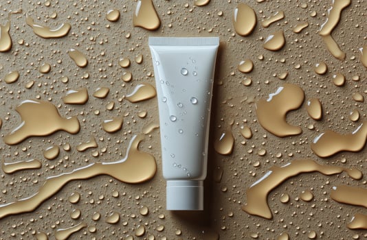 A tube of moisturizing cream surrounded by droplets on a smooth surface in a warm setting photo