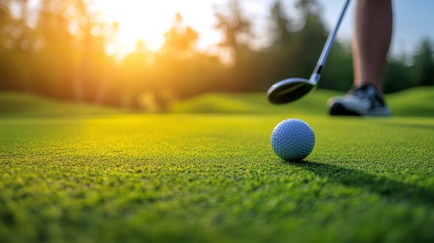 A golfer prepares to drive a ball during sunset at a lush green golf course photo