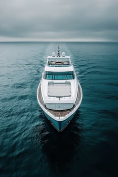 Luxury yacht cruising through calm waters under an overcast sky at sea photo