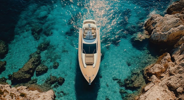 Luxury yacht cruising through clear turquoise waters near rocky coastline during sunny day photo