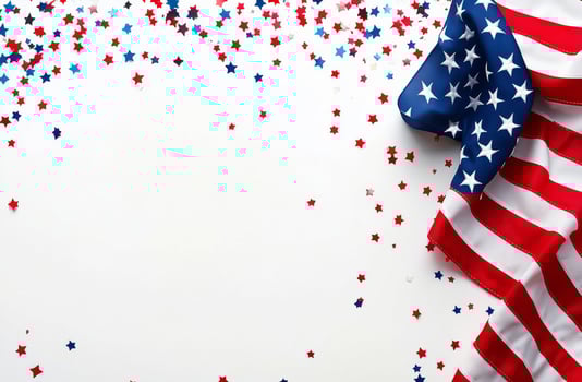 American flag with red white and blue confetti on a white background during a celebration event photo