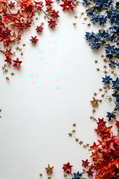 Colorful paper stars scattered on a white background with golden glitter for celebration decorations photo