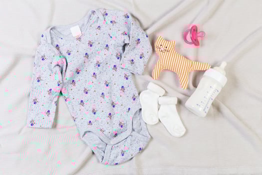 set of fashion trendy clothes and kids stuff for little baby girl photo