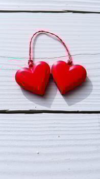 two red heart-shaped ornaments on a white wooden surface photo