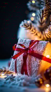 red ribboned gift box nestled faux snow photo