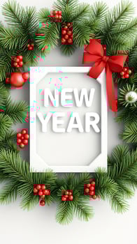 white frame with the words 'new year' surrounded by a festive evergreen wreath photo