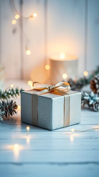 silver gift box with a golden ribbon on a white wooden table surrounded by lights photo