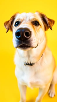 brown white dog posing on a yellow background photo