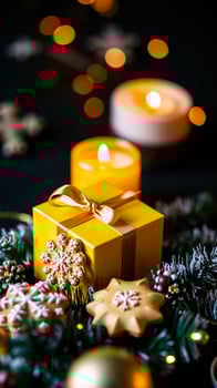festive gift box adorned with pine branches snowflake cookies photo