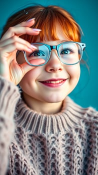 young girl smiles playfully while wearing glasses a knit sweater photo