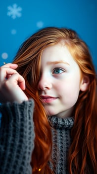 young girl with red hair blue eyes smiles softly photo