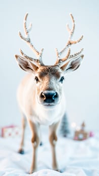 young deer with snow-covered antlers looks directly at the camera photo