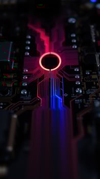 glowing circuit board with red blue lines photo