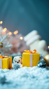 two yellow gift boxes nestled artificial snow photo