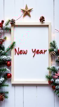 festive new year frame with evergreen branches ornaments photo
