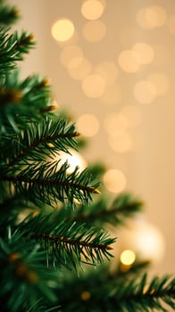 close- a pine tree branch with blurred golden lights the background photo
