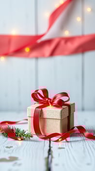 small gift box with a red ribbon on a white wooden surface photo
