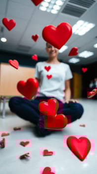 red hearts falling around a sitting person photo