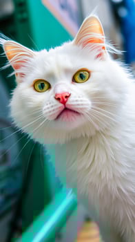 close- portrait a white cat with green eyes photo