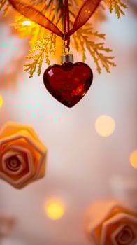 red glass heart ornament hangs against a warm festive background photo