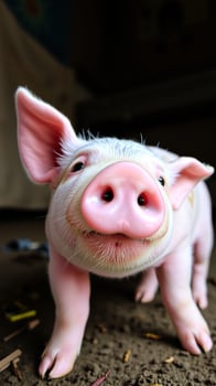 curious pink piglet looking at the camera photo