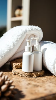 white lotion bottles with towels on wooden coasters photo