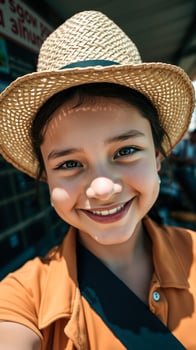 young girl a straw hat smiles brightly the sunlight. photo