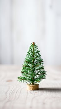 miniature artificial evergreen tree on a light wood table photo