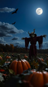 skeletal scarecrow stands watch a pumpkin patch photo