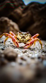 colorful crab stands guard on a rocky shore photo