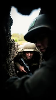 soldier peering from a trench weapon hand photo