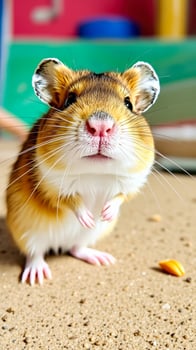 small hamster with brown white fur looking directly at the camera photo