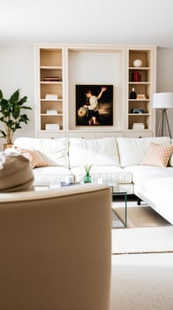 modern living room with a white sectional sofa a framed artwork photo