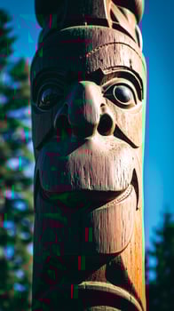 close- a carved totem pole face photo