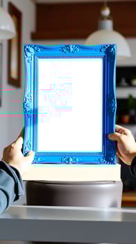 hand holds a blue ornate frame with a blank white space photo