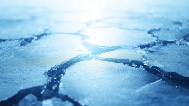 Frozen ice surface with cracks, reflecting light, creating serene and tranquil atmosphere. intricate patterns of ice showcase natures beauty and fragility photo