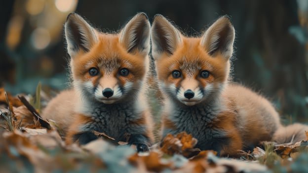 Two red fox cubs laying in autumn leaves photo