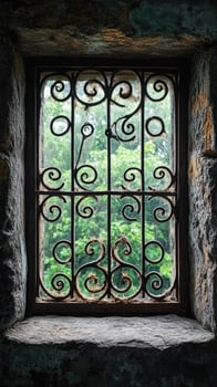 Old metal wrought iron grille covering window opening with stone frame photo