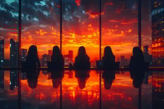 Business Team Reflections Against Vibrant Sunset Cityscape for Corporate Meetings Poster photo