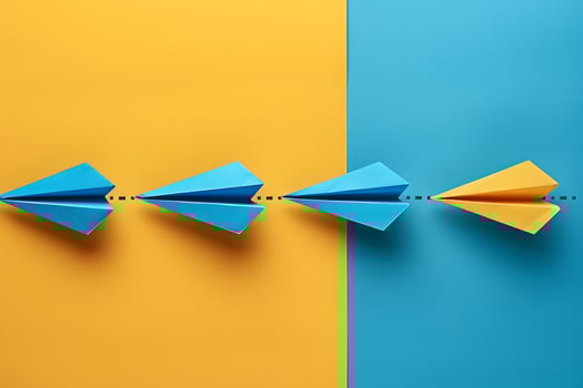 Leadership and Innovation Concept with Unique Yellow Paper Airplane Leading Blue Ones photo
