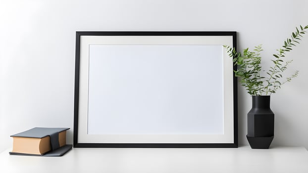 Blank black wooden rectangle horizontal frame mockup with border inside decorate by small black plant pot and black cover book on white table for creative design against white background photo