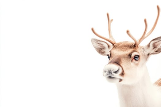 A reindeer with soft brown fur standing in profile on a white background in a winter setting photo