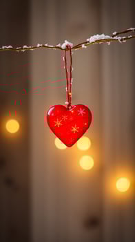 red heart ornament hanging on a snow-covered branch photo