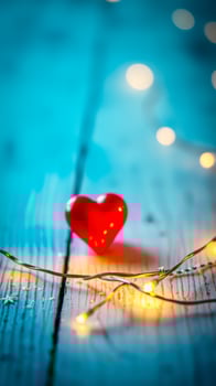 red heart with warm lights on a wooden surface photo