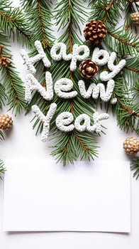 wintery greeting with pine branches the words happy new year photo