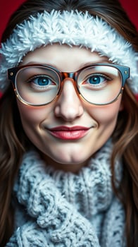 close- portrait a woman wearing glasses a knitted headband photo
