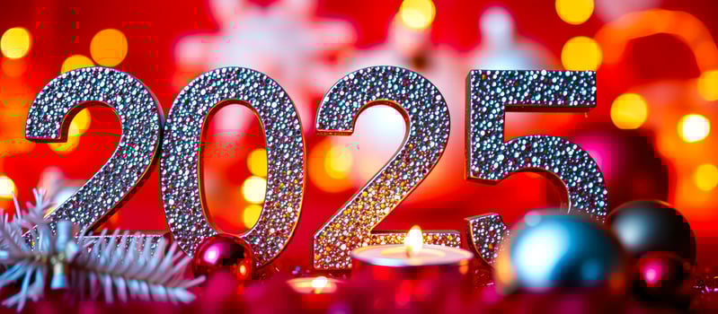 sparkling 2025 numerals on red background photo
