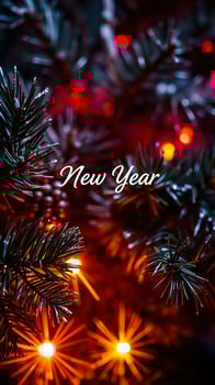 pine branch glistens under warm festive lights photo
