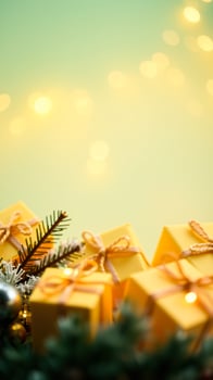 golden gift boxes with twine festive lights photo