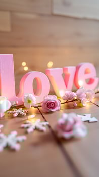 pink wooden letters spell out 'love' on a wooden surface decorated with flowers lights photo